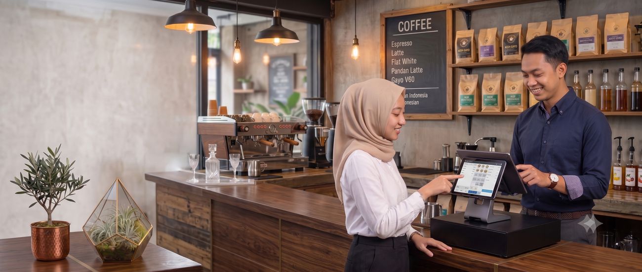 Kasir kedai kopi memakai VG-Finance.24